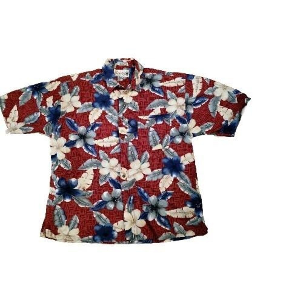 Rekoko Hawaiian Beach Vtg. Camp Shirt Mens XL Red Palms Blue Floral‎ Shirt 00217